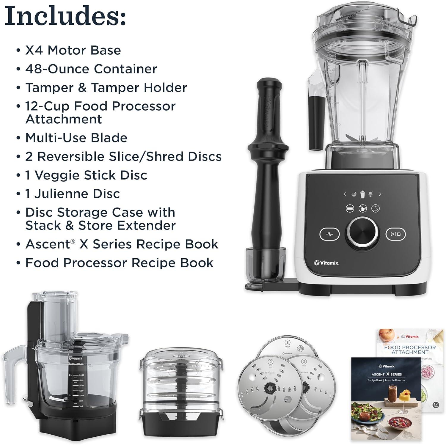 imageVitamix Ascent X4 Gourmet SmartPrep Kitchen System ProfessionalGrade Blender StainlessSteel Blades 12Cup Food Processor Attachment with 4 Discs 48 Oz Blender Container Black